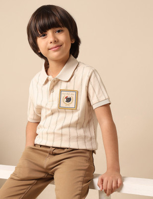 U.S. POLO ASSN. Baby Boys Striped Pure Cotton Regular T Shirt(Beige, Pack of 1)