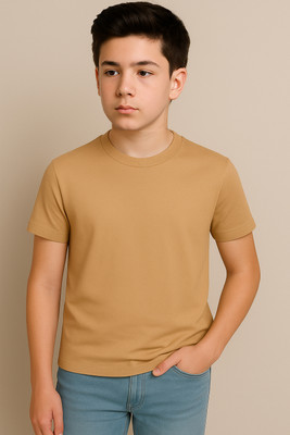 NOW OR NEVER Boys Solid Polyester Regular T Shirt(Beige, Pack of 1)