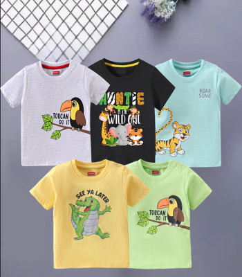 DRUZZEE Baby Boys & Baby Girls Printed Cotton Blend Regular T Shirt(Multicolor, Pack of 5)