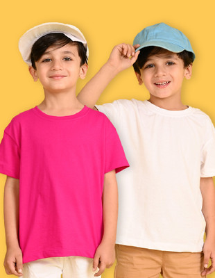 Nusyl Boys Solid Cotton Blend Oversized T Shirt(Beige, Pink, Pack of 2)