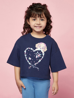 Spunkies Girls Printed Organic Cotton Regular, Slim T Shirt(Blue, Pack of 1)