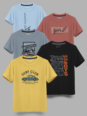 Hellcat Boys Printed Cotton Blend Regular T Shirt(Yellow, Pack of 5)