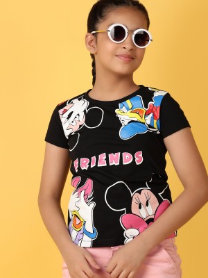 V-MART Girls Printed Pure Cotton Regular T Shirt(Black, Pack of 1)