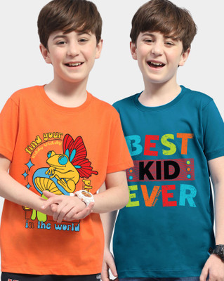 AUSK Boys Printed Cotton Blend Regular T Shirt(Orange, Dark Blue, Pack of 2)