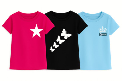 M Queen Girls Printed Cotton Blend Regular T Shirt(Multicolor, Pack of 3)