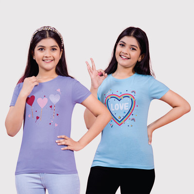 Zuniors-SSC Girls Printed Pure Cotton Regular T Shirt(Multicolor, Pack of 2)
