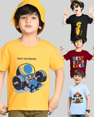 ENITOR Boys Printed Cotton Blend Regular T Shirt(Yellow, Light Blue, Pack of 4)