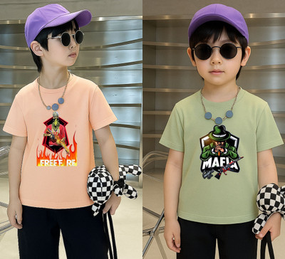 Lecowar Boys Printed Polyester Regular T Shirt(Pink, Green, Pack of 2)