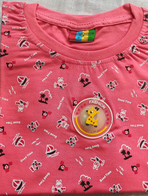 KidsTeen Boys & Girls Printed Cotton Blend Regular T Shirt(Pink, Pack of 1)