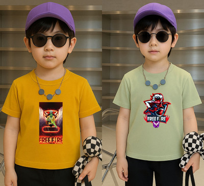 Lecowar Boys Printed Polyester Regular T Shirt(Yellow, Green, Pack of 1)