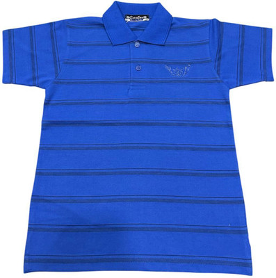Carlos Boys Striped Cotton Blend Regular T Shirt(Blue, Pack of 1)