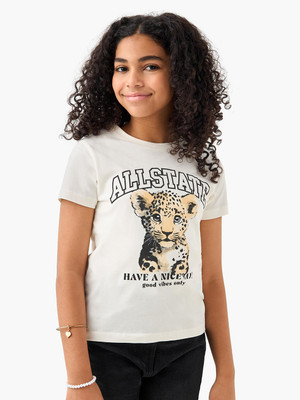 JUNIORS by Babyshop Girls Animal Print Pure Cotton Regular T Shirt(White, Pack of 1)