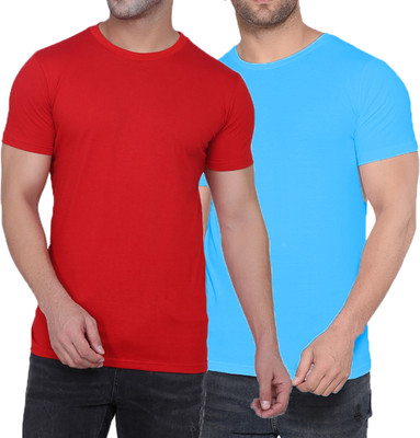 Kroptee Boys Solid Cotton Blend Regular T Shirt(Light Blue, Red, Pack of 2)