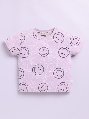 Happy Faces Baby Girls Cartoon Pure Cotton Regular T Shirt(Purple, Pack of 1)