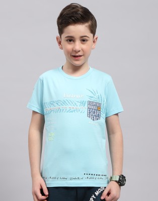 MONTE CARLO Boys Typography Cotton Blend T Shirt(Light Blue, Pack of 1)