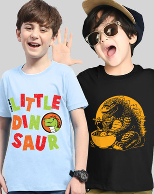 AOOSH Boys Printed Cotton Blend Regular T Shirt(Light Blue, Black, Pack of 2)