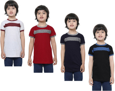 KAVYA Boys Self Design Pure Cotton Regular T Shirt(Multicolor, Pack of 4)
