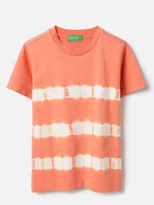 United Colors of Benetton Girls Tie & Dye Pure Cotton Regular T Shirt(Orange, Pack of 1)