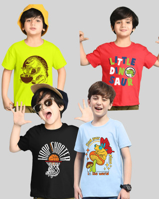 AUSK Boys Printed Cotton Blend Regular T Shirt(Red, Light Green, Pack of 4)
