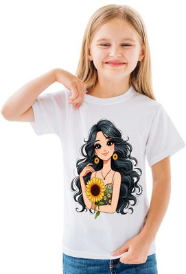 BQC Girls Printed Polyester Regular T Shirt(White, Pack of 1)