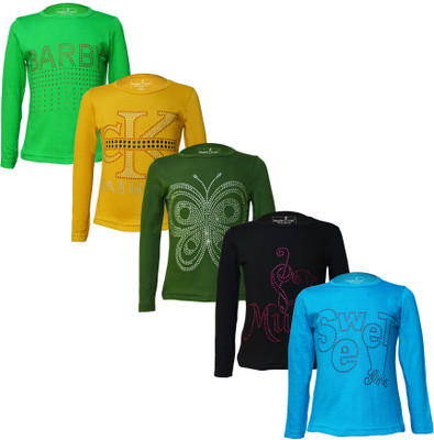 Eazy Trends Girls Printed Pure Cotton Regular T Shirt(Multicolor, Pack of 5)