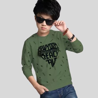 ATLANS CLOTHES Boys Typography, Printed Cotton Blend Regular T Shirt(Green, Pack of 1)