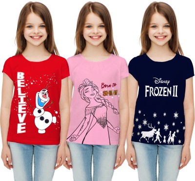 DISNEY BY MISS & CHIEF Girls Graphic Print Cotton Blend T Shirt(Multicolor, Pack of 3)