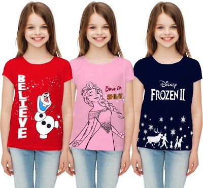 DISNEY BY MISS & CHIEF Girls Graphic Print Cotton Blend Regular T Shirt(Multicolor, Pack of 3)