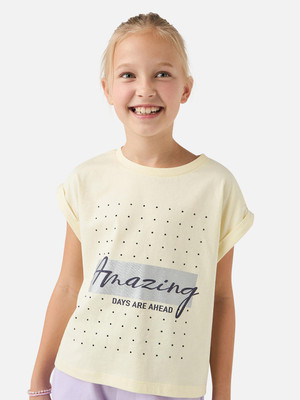 JUNIORS by Babyshop Girls Printed Pure Cotton Regular T Shirt(Yellow, Pack of 1)
