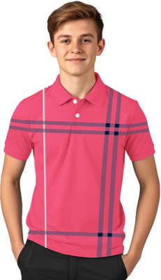 Kiddy Viddy Boys Striped Cotton Blend Regular T Shirt(Pink, Grey, Pack of 1)