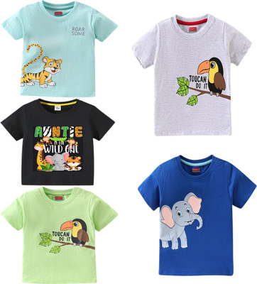 PY PINKYOU Baby Boys & Baby Girls Graphic Print Cotton Blend Regular T Shirt(Multicolor, Pack of 5)