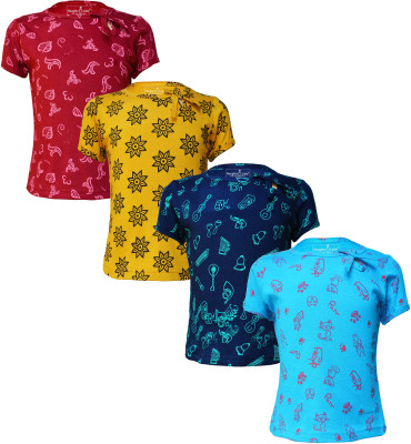 Eazy Trends Girls Printed Pure Cotton Regular T Shirt(Multicolor, Pack of 4)