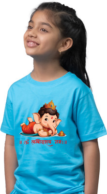 Tedhi Medhi Family Boys & Girls Printed Pure Cotton Regular T Shirt(Light Blue, Pack of 1)