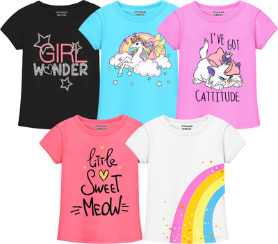 Billion Girls Printed Cotton Blend Regular T Shirt(Multicolor, Pack of 5)