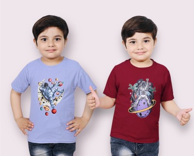 Pavika Boys & Girls Printed Cotton Blend T Shirt(Multicolor, Pack of 2)