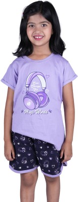 stylestorm Girls Printed Cotton Blend T Shirt(Purple, Pack of 1)