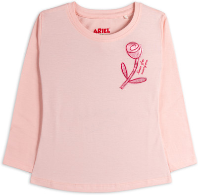 Ariel Girls Printed Pure Cotton Regular T Shirt(Pink, Pack of 1)