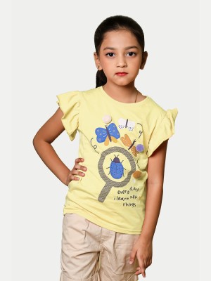 radprix Girls Typography, Printed Pure Cotton T Shirt(Yellow, Pack of 1)