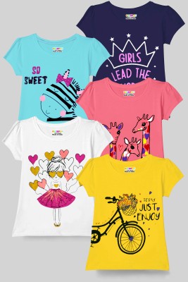 Kuchipoo Girls Typography Cotton Blend T Shirt(Multicolor, Pack of 5)