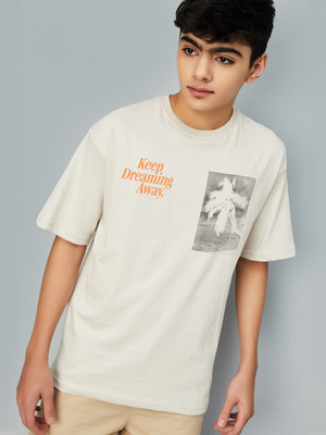 MAX Boys Printed Pure Cotton Regular T Shirt(Beige, Pack of 1)