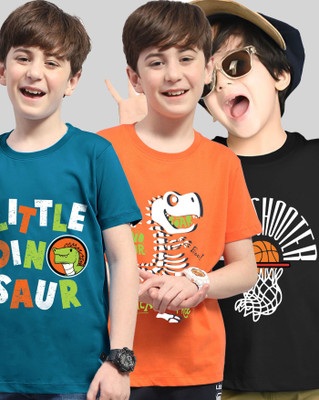 AUSK Boys Printed Cotton Blend Regular T Shirt(Dark Blue, Black, Pack of 3)