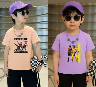 Lecowar Boys Printed Polyester Regular T Shirt(Pink, Purple, Pack of 2)