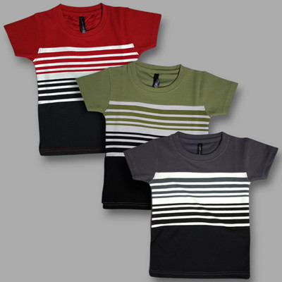 Monkeymix Boys Striped Cotton Blend Regular T Shirt(Multicolor, Pack of 3)