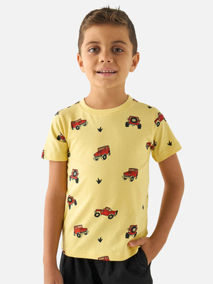 JUNIORS Boys Printed Cotton Blend Regular T Shirt(Yellow, Pack of 1)