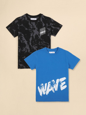 Alan Jones Boys Printed Cotton Blend Regular T Shirt(Blue, Black, Pack of 2)