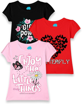 LITTLE LUSH Girls Graphic Print Pure Cotton Regular T Shirt(Multicolor, Pack of 3)