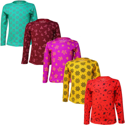 Eazy Trends Girls Printed Pure Cotton Regular T Shirt(Multicolor, Pack of 5)