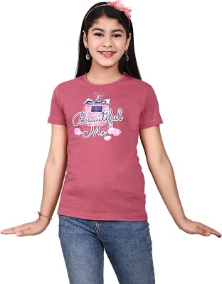 Telesto Girls Printed Cotton Blend T Shirt(Maroon, Pack of 1)