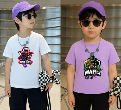 Lecowar Boys Graphic Print Polyester Regular T Shirt(White, Purple, Pack of 1)