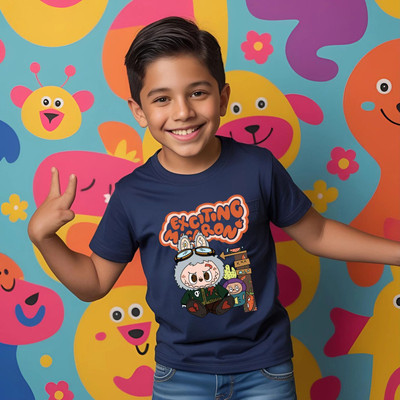 Kidloo Boys Labubu, Graphic Print Cotton Blend Regular T Shirt(Blue, Pack of 1)